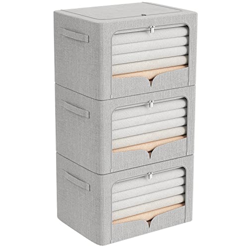 FHSQX 3 Pack Clothes Storage Bins Foldable Metal Frame Storage Box Extra Large Stackable Linen Fabric Organizer Set with Carrying Handles and Clear Window (Light Gray, 23.6x16.5x15.7inch(100L)) - Image 1