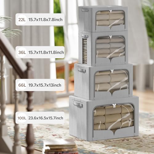 FHSQX 3 Pack Clothes Storage Bins Foldable Metal Frame Storage Box Extra Large Stackable Linen Fabric Organizer Set with Carrying Handles and Clear Window (Light Gray, 23.6x16.5x15.7inch(100L)) - Image 3