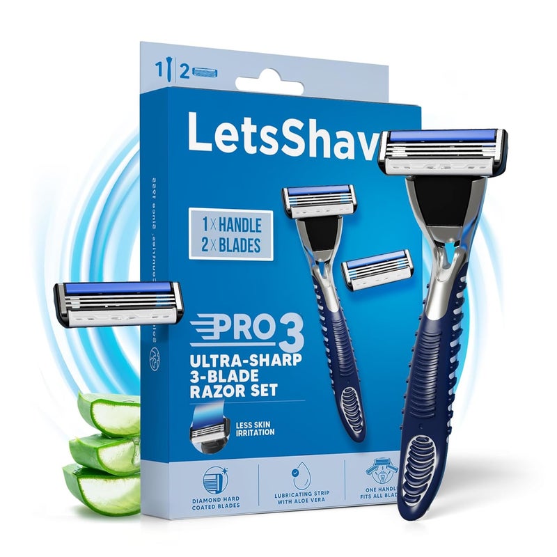 Lets Shave Pro 3 Razor for Men (1 Handle + 2 Blades) | 3-Blade Razor with Pivoting Head, Aloe Vera Strip & Open-Flow Design | Smooth Shave for Thick & Coarse Hair - Image 1