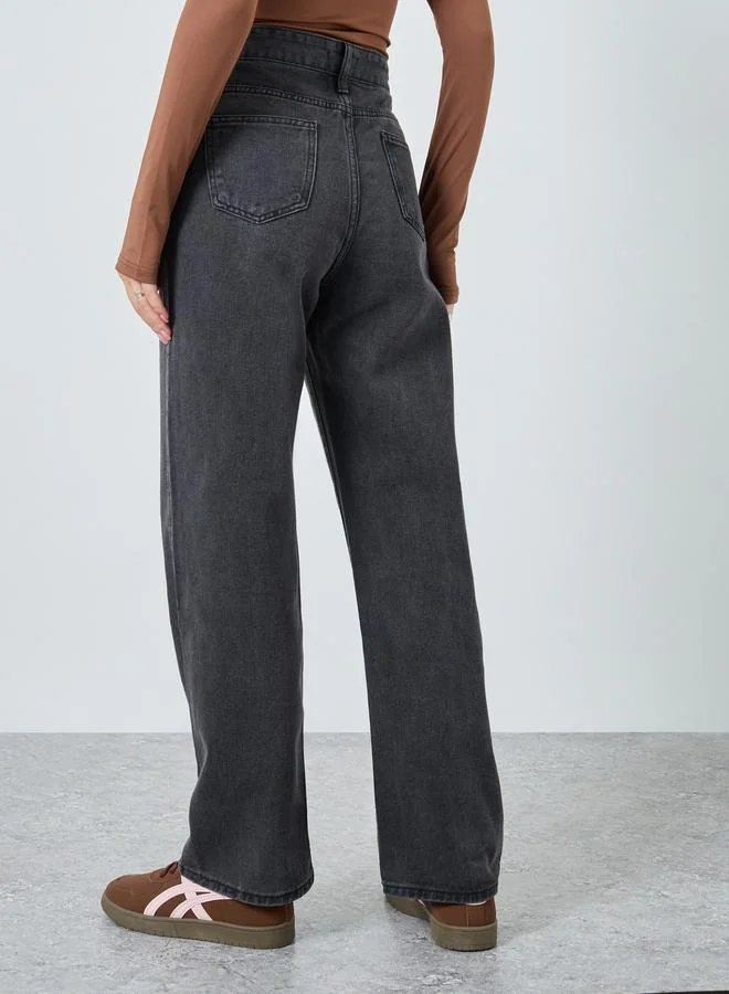 Styli Styli Mid Rise Plain Wide Leg Jeans