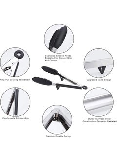 HENIJ HENIJ 3 Pcs Kitchen Tongs for Cooking Silicone Tips BPA Free Nonstick Stainless Steel BBQ Locking Food Tongs for Pasta Salad Steak Frying Serving Black  - Image 5