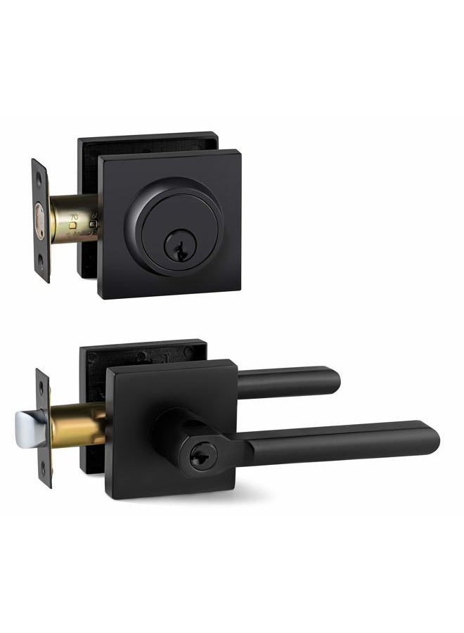 Berlin Modisch Entry Lever Door Handle and Single Cylinder Deadbolt Lock and Key Slim Square Locking Lever Handle Set [Front Door or Office] Right & Left Sided Doors Heavy Duty – Iron Black Finish - Image 1