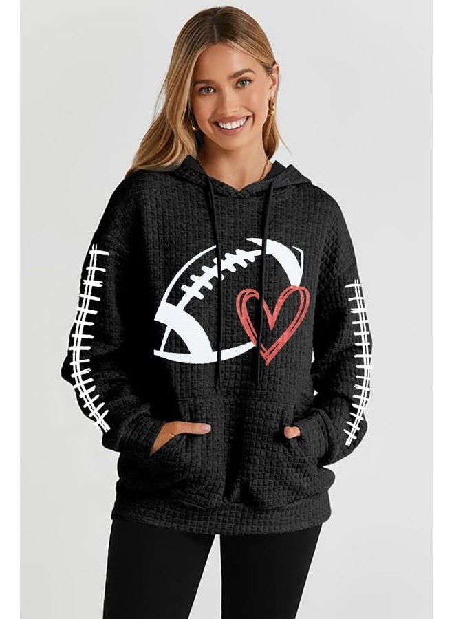 VILOVE Game Day Hooded Sweatshirt Women Funny Football Graphic Sweatshirt Waffle Knit Game Day Pullover Hoodies Long Sleeve Black - Image 4