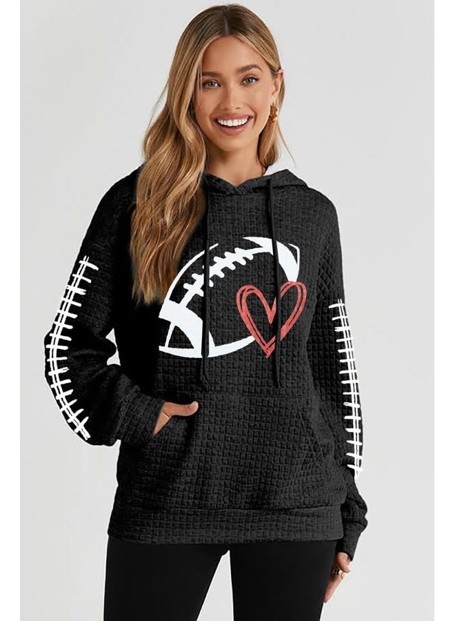 VILOVE Game Day Hooded Sweatshirt Women Funny Football Graphic Sweatshirt Waffle Knit Game Day Pullover Hoodies Long Sleeve Black - Image 2