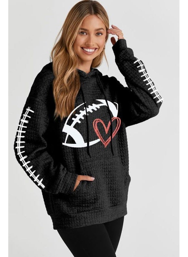 VILOVE Game Day Hooded Sweatshirt Women Funny Football Graphic Sweatshirt Waffle Knit Game Day Pullover Hoodies Long Sleeve Black - Image 3