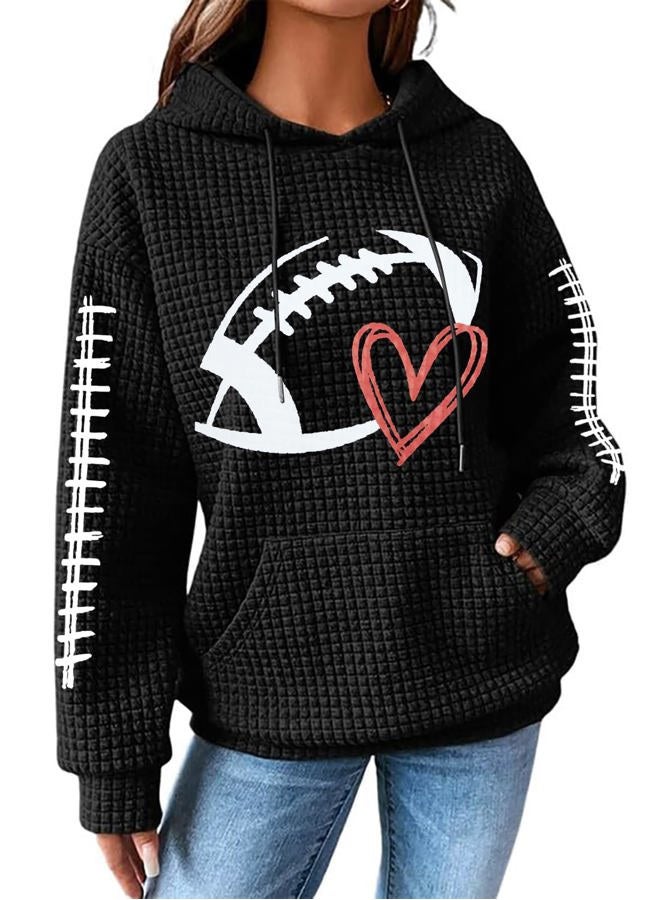 VILOVE Game Day Hooded Sweatshirt Women Funny Football Graphic Sweatshirt Waffle Knit Game Day Pullover Hoodies Long Sleeve Black - Image 1