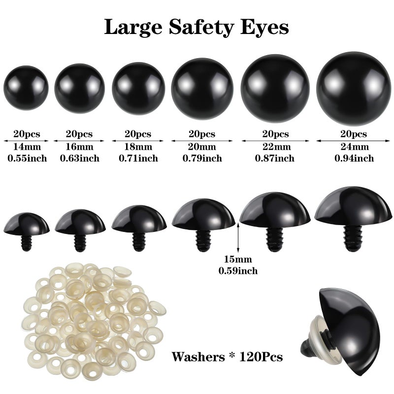 Jetec 120 Pieces 14-24 mm Safety Eyes for Amigurumi Large Black Plastic Eyes with Washer Animal Crafts for DIY of Puppet Crochet Stuffed Animal Bear Making Supplies  6 Sizes - Image 4