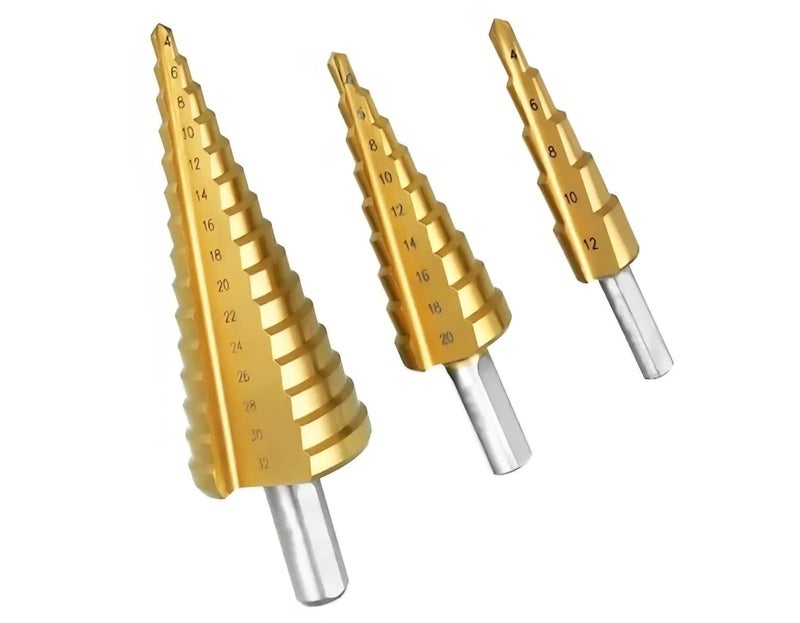 Step Pyramid Drill Bit Set, Titanium HSS Conical Drill Bits for Plastic, Wood, Aluminum, Sheet Metal, 3 Pieces Different Sizes. - Image 1