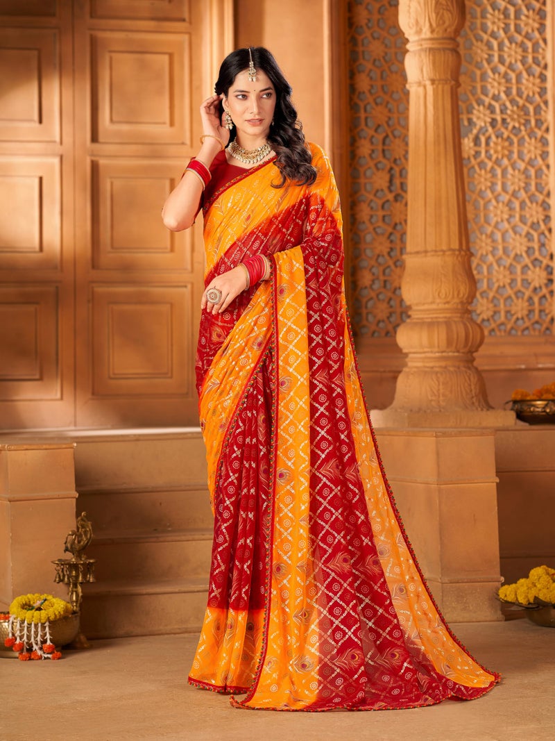 Glory Sarees جلوري ساريز - ساري جيوجيت باندهاني مطبوع بورق مع قطعة بلوزة (Bandhani107_Maroon) - Image 2