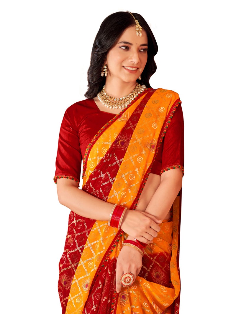 Glory Sarees جلوري ساريز - ساري جيوجيت باندهاني مطبوع بورق مع قطعة بلوزة (Bandhani107_Maroon) - Image 1