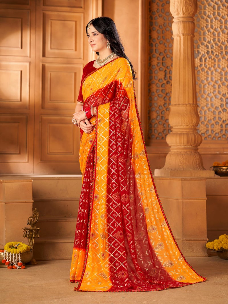 Glory Sarees جلوري ساريز - ساري جيوجيت باندهاني مطبوع بورق مع قطعة بلوزة (Bandhani107_Maroon) - Image 4