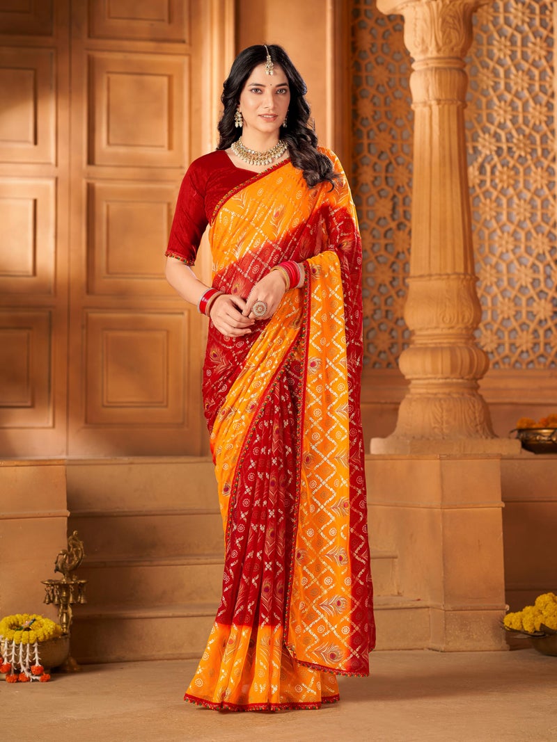 Glory Sarees جلوري ساريز - ساري جيوجيت باندهاني مطبوع بورق مع قطعة بلوزة (Bandhani107_Maroon) - Image 3