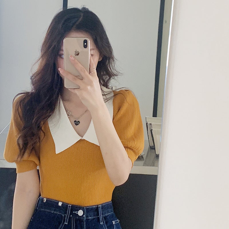 Summer Chic Colorblock Polo Knit Top Green  - Image 4
