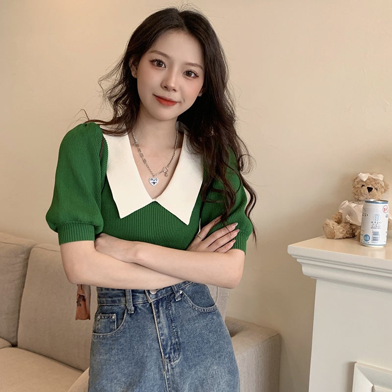 Summer Chic Colorblock Polo Knit Top Green  - Image 1