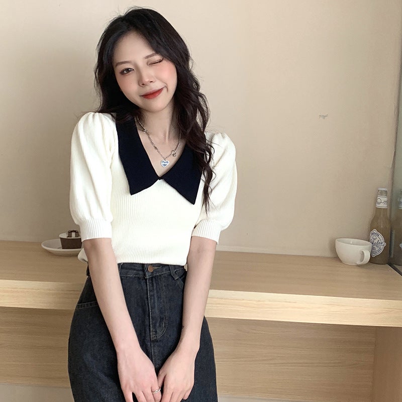 Summer Chic Colorblock Polo Knit Top Green  - Image 3