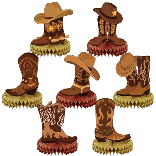 Faccito 7 Pcs Western Party Centerpiece Decorations Western Boots Honeycomb Centerpieces for Tables Cowboy Themed Baby Shower Birthday Party Decor Supplies - Image 1