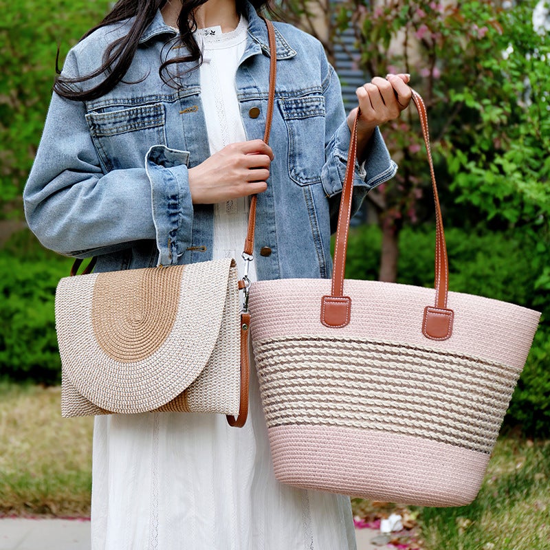 New Straw Versatile Large-Capacity Bag Women'S Shoulder Bag High-End Commuter Bag Tote Bag Vacation Outing Striped Trend - Image 3