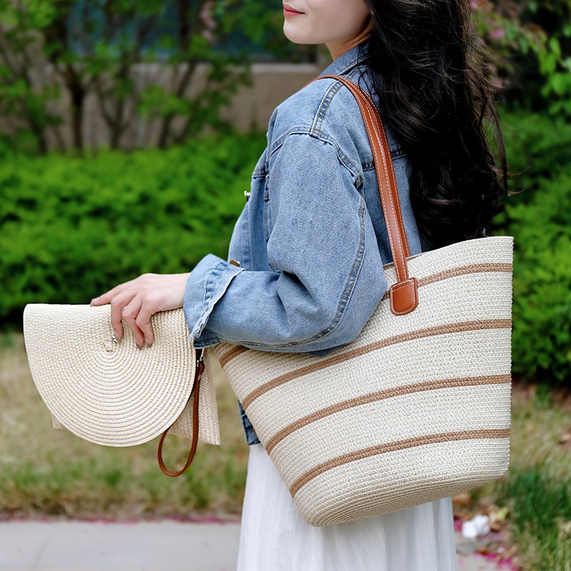 New Straw Versatile Large-Capacity Bag Women'S Shoulder Bag High-End Commuter Bag Tote Bag Vacation Outing Striped Trend - Image 2