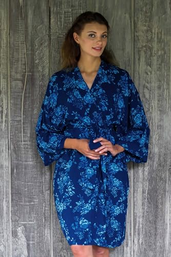 NOVICA Artisan Handmade Batik Rayon Robe Blue Flowers Balinese Short Cross over Clothing Riverside Lapis Patterned Indonesia Floral ' Gorgeous in Cyan' - Image 2