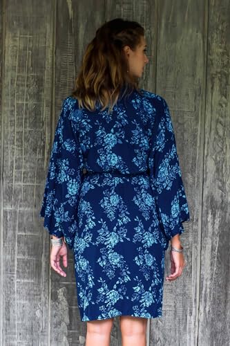 NOVICA Artisan Handmade Batik Rayon Robe Blue Flowers Balinese Short Cross over Clothing Riverside Lapis Patterned Indonesia Floral ' Gorgeous in Cyan' - Image 3