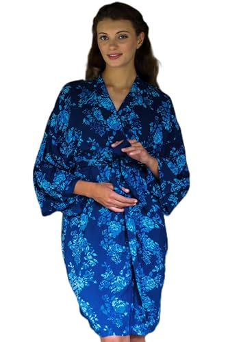 NOVICA Artisan Handmade Batik Rayon Robe Blue Flowers Balinese Short Cross over Clothing Riverside Lapis Patterned Indonesia Floral ' Gorgeous in Cyan' - Image 1
