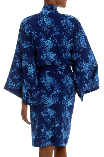 NOVICA Artisan Handmade Batik Rayon Robe Blue Flowers Balinese Short Cross over Clothing Riverside Lapis Patterned Indonesia Floral ' Gorgeous in Cyan' - Image 4