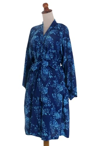 NOVICA Artisan Handmade Batik Rayon Robe Blue Flowers Balinese Short Cross over Clothing Riverside Lapis Patterned Indonesia Floral ' Gorgeous in Cyan' - Image 5