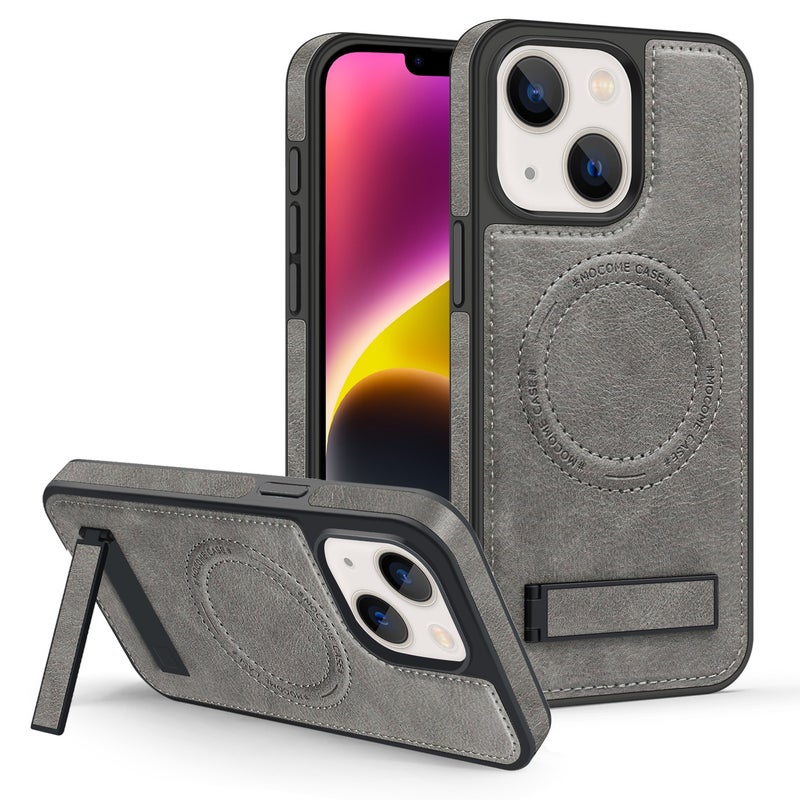 HuHa Protective Cover For iPhone 14 Plus Multi-function Holder MagSafe PU Phone Case(Gray) - Image 1