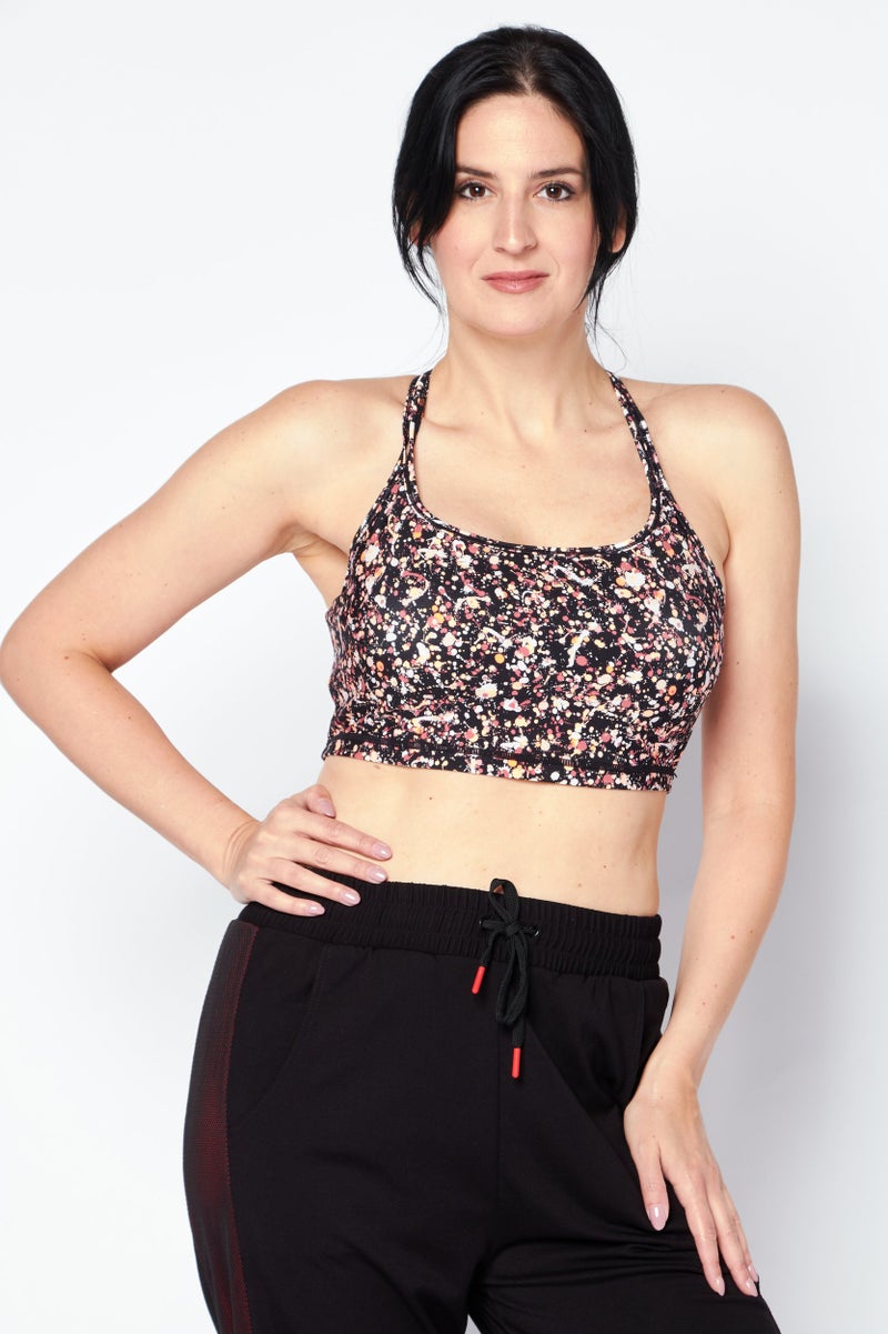 DKNY Women Splatter Paint No Padded Sports Bra, Black Combo - Image 1