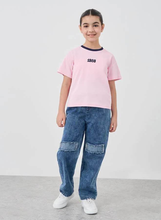 Styli Styli Girls Acid Washed Elasticated Waistband Jeans with Knee Patch