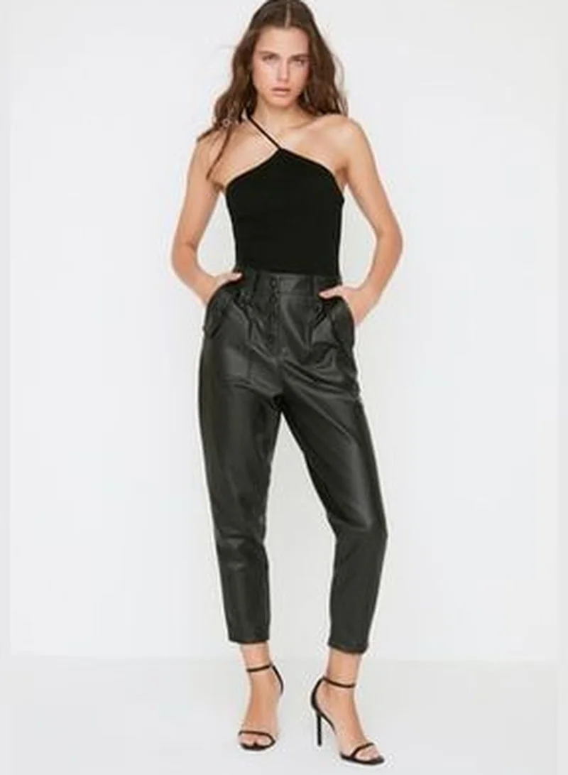 trendyol Black Carrot Weave Faux Leather Pants with Buttons on the Front TWOAW22PL0083