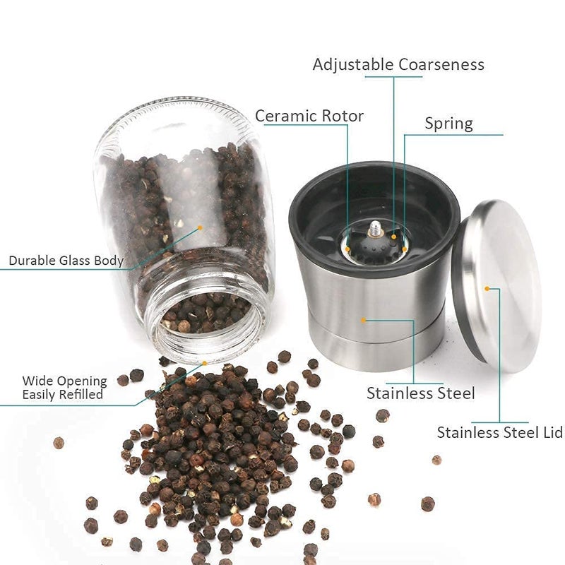 TASKHOUSE Stainless Steel Adjustable Ceramic Sea Salt Grinder and Pepper Mill Set Glass Salt and Pepper Shakers Pepper and Salt Mill Small Pack of 2 - Image 2