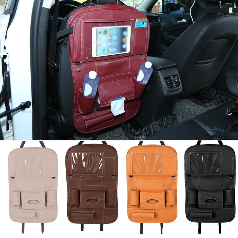 Car Backseat Organizer PU Leather Auto Back Seat Cushion for Kids Beige - Image 4