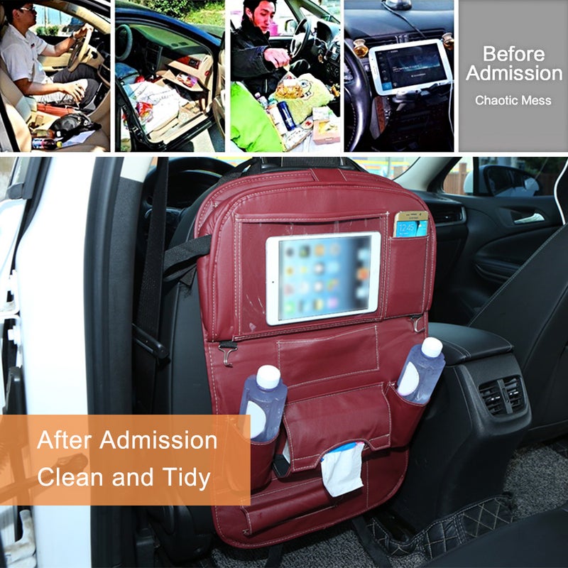 Car Backseat Organizer PU Leather Auto Back Seat Cushion for Kids Beige - Image 5