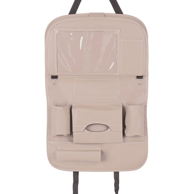 Car Backseat Organizer PU Leather Auto Back Seat Cushion for Kids Beige - Image 1