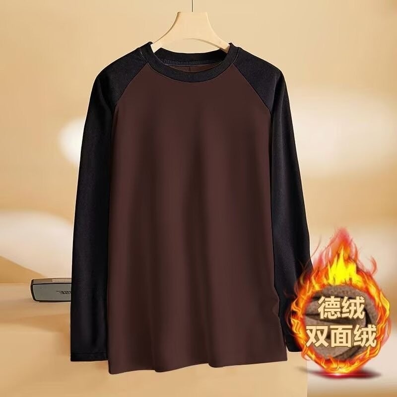 Long Sleeve T-Shirt Mens Loose Fit Shoulder Insertion Winter Fashion Brand Versatile Color Block Design Polyester Fiber round Neck Brown  - Image 1