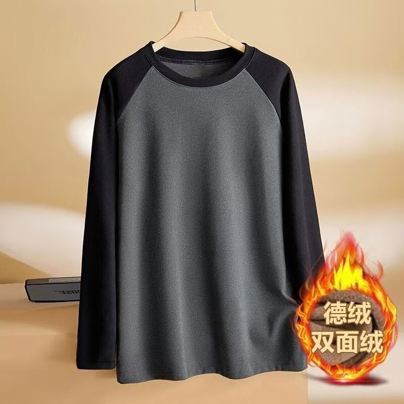 Long Sleeve T-Shirt Mens Loose Fit Shoulder Insertion Winter Fashion Brand Versatile Color Block Design Polyester Fiber round Neck Brown  - Image 3