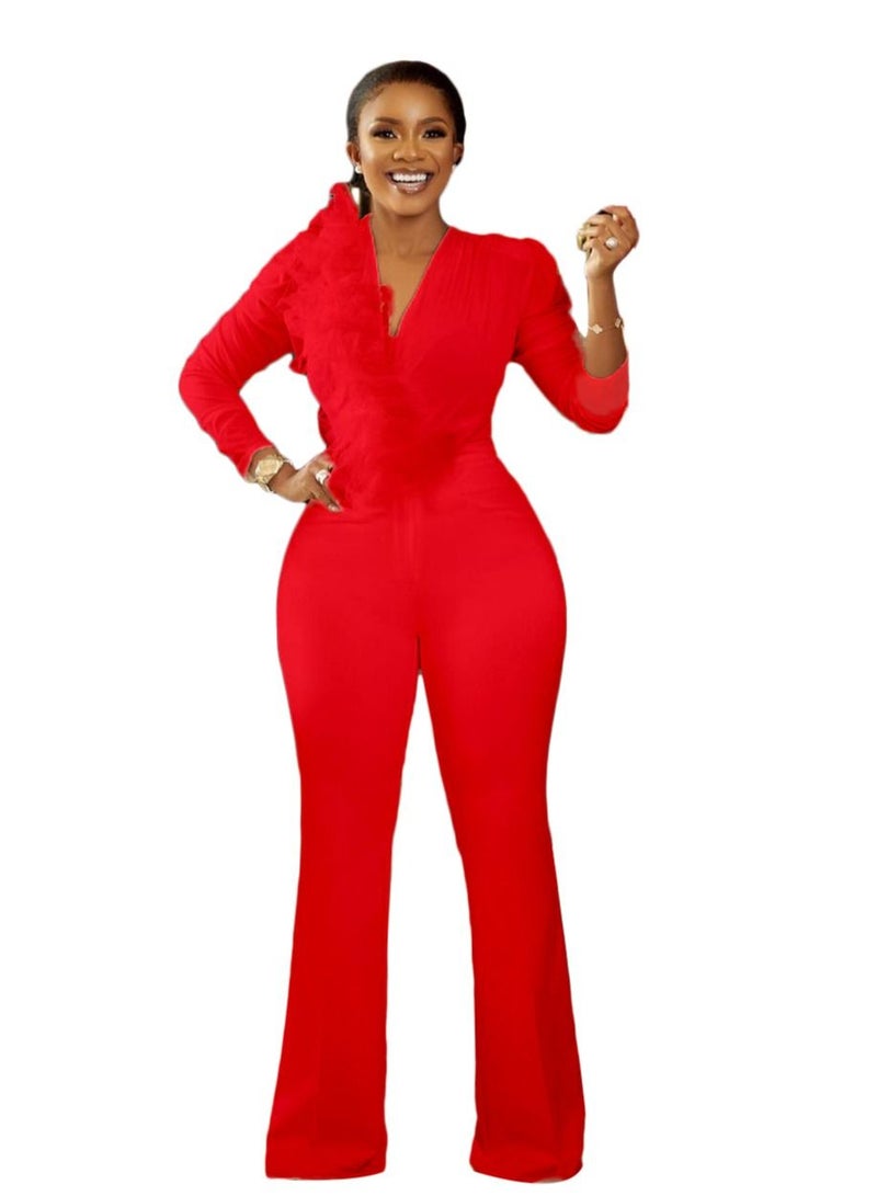 Loquat Women's Solid Color Long Sleeve Oversize Jumpsuit Red - Image 1