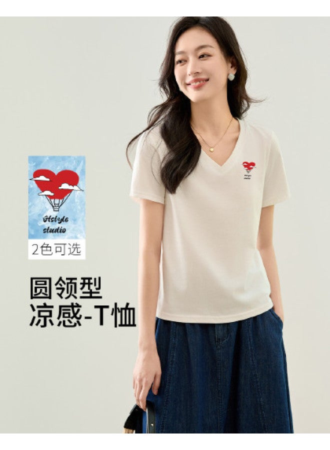 Hstyle 2025 Summer Thin  V-neck Women's Short-sleeve T-shirt - Niche Casual Fashion Versatile Top - Image 1