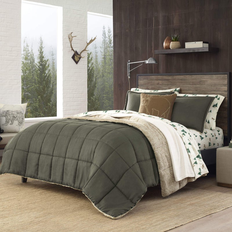 Eddie Bauer Eddie Bauer  Twin Comforter Set Reversible Sherpa Bedding with Matching Shams Cozy  Warm Home Decor Sherwood Green Twin 