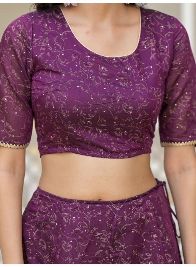 AKS Violet Color Chanderi Lehenga Choli With Gold print - Image 3