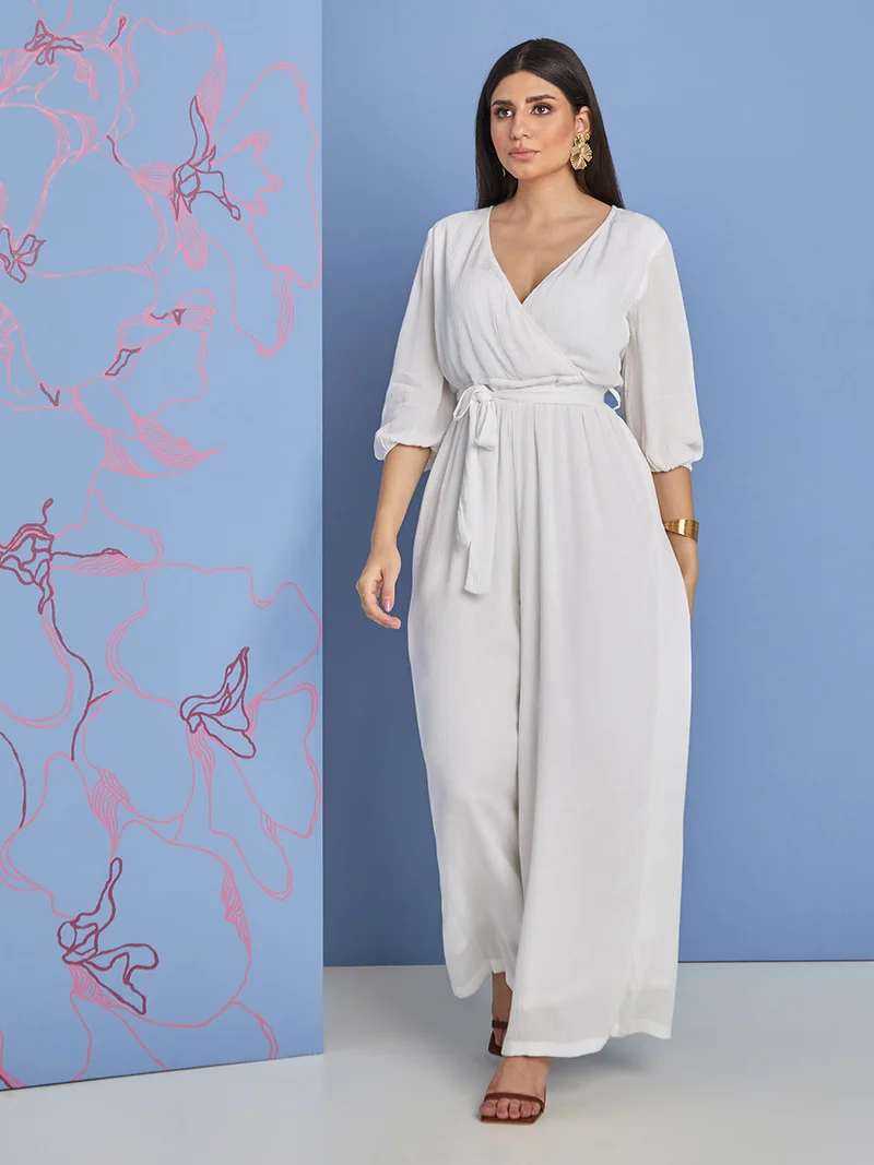 3/4 Sleeves Wide Leg Jumpsuit with Self Tie