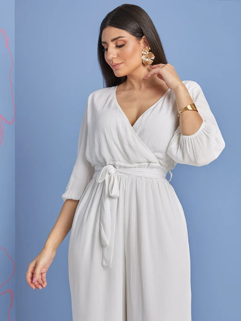 Styli 3/4 Sleeves Wide Leg Jumpsuit with Self Tie