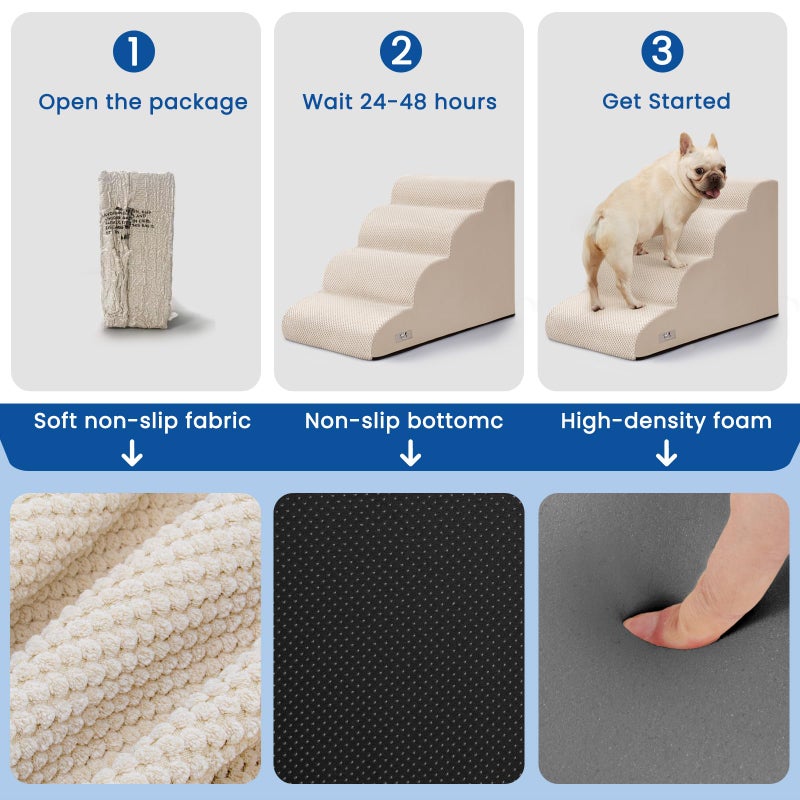 Airpanda Dog Steps for Bed, 4 Step Pet Stairs for Small and Medium Dogs, Non-Slip Dog Ramp with Washable Cover, High-Density Support Foam for Easy Climbing,Beige - Image 5
