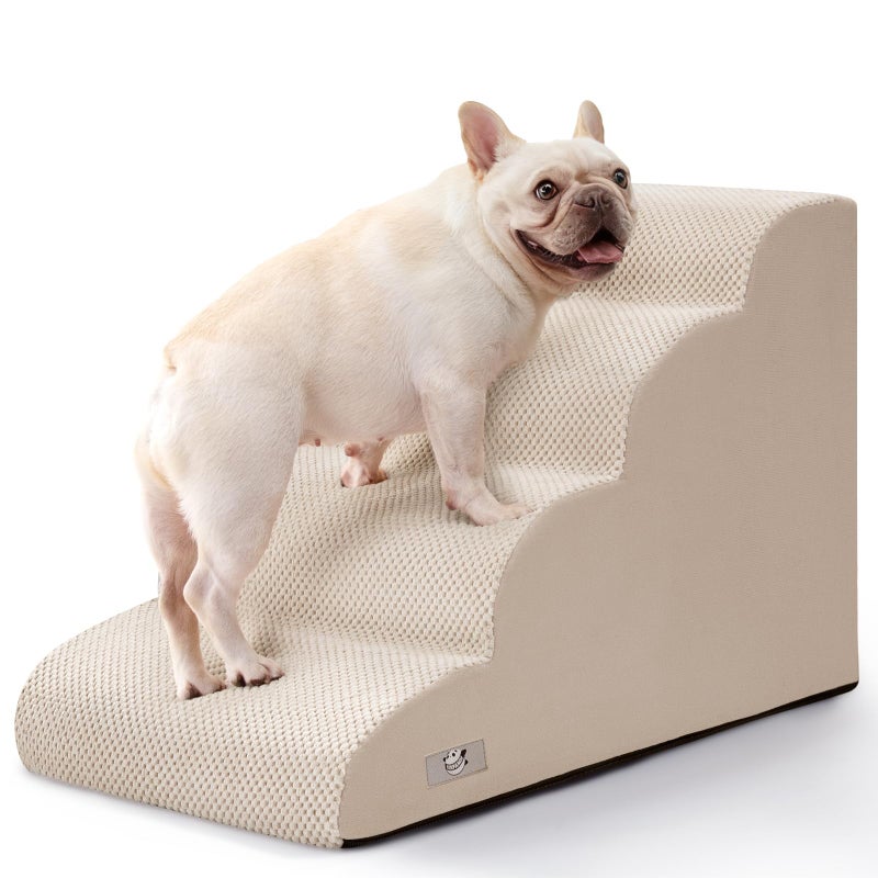 Airpanda Dog Steps for Bed, 4 Step Pet Stairs for Small and Medium Dogs, Non-Slip Dog Ramp with Washable Cover, High-Density Support Foam for Easy Climbing,Beige - Image 1