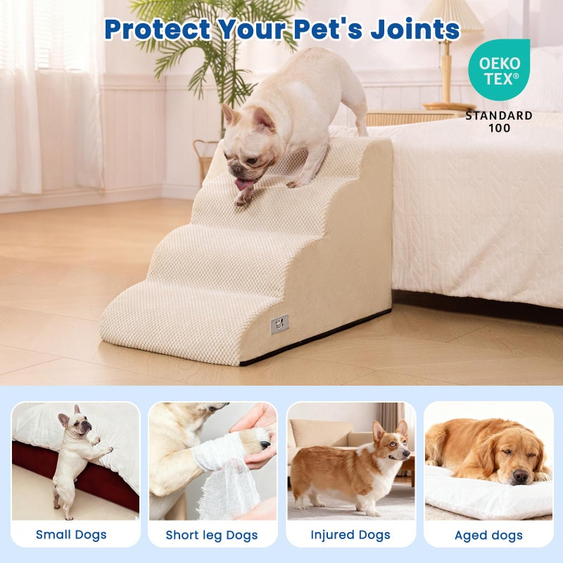 Airpanda Dog Steps for Bed, 4 Step Pet Stairs for Small and Medium Dogs, Non-Slip Dog Ramp with Washable Cover, High-Density Support Foam for Easy Climbing,Beige - Image 4