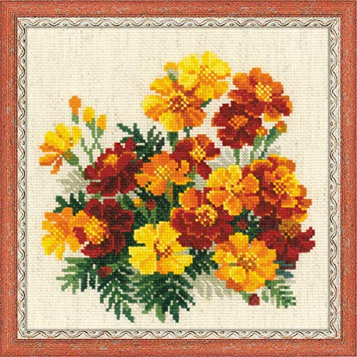 RIOLIS - Marigolds 1556, Floral Cross Stitch Kits 7.75"X7.75", Cross Stitch Kits for Beginners & Advanced, Crossstitching Kits Adult, Counted Stitching Kits, Flowers Embroidery Kit - Image 1