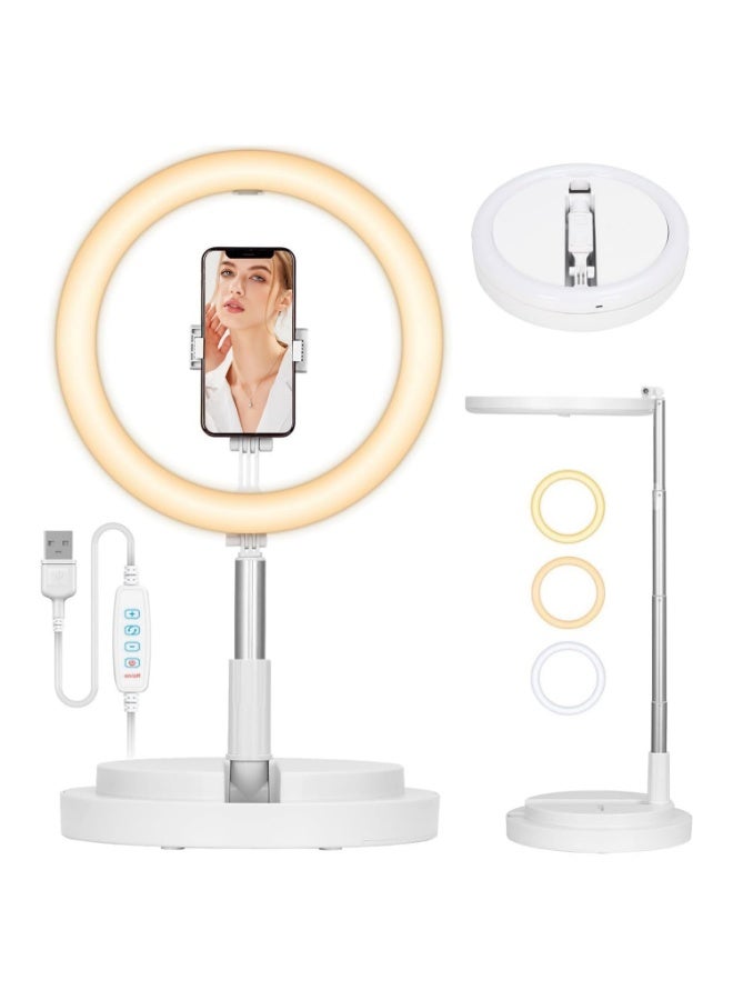 Selfie Ring Light With Stand - 12" Foldable With Phone Holder & Cold Shoe Mount, Tall Desk Light for Videography Photography, LED Beauty Light Adjustable Brightness (White)