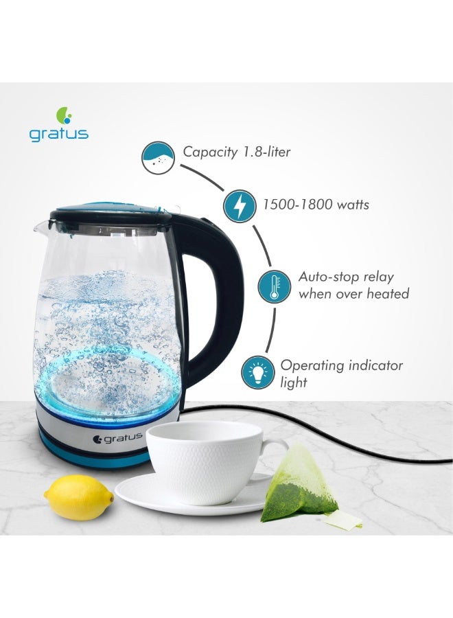 Gratus 1.8L Electric Glass Kettle 1500W–1800W with Blue LED Light, Borosilicate Glass Body, 360° Cordless Power Base & Auto Shut-Off – GKSG1820AC - Image 2