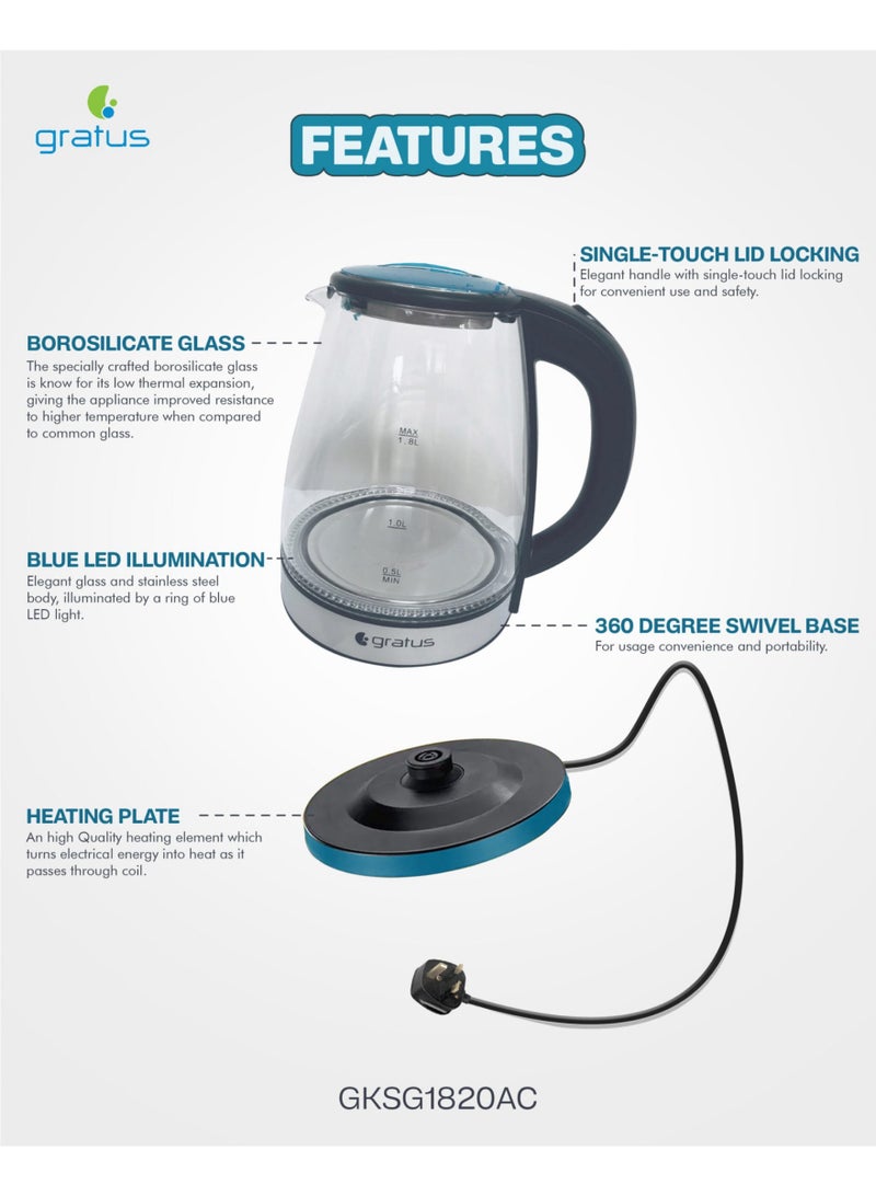 Gratus 1.8L Electric Glass Kettle 1500W–1800W with Blue LED Light, Borosilicate Glass Body, 360° Cordless Power Base & Auto Shut-Off – GKSG1820AC - Image 3